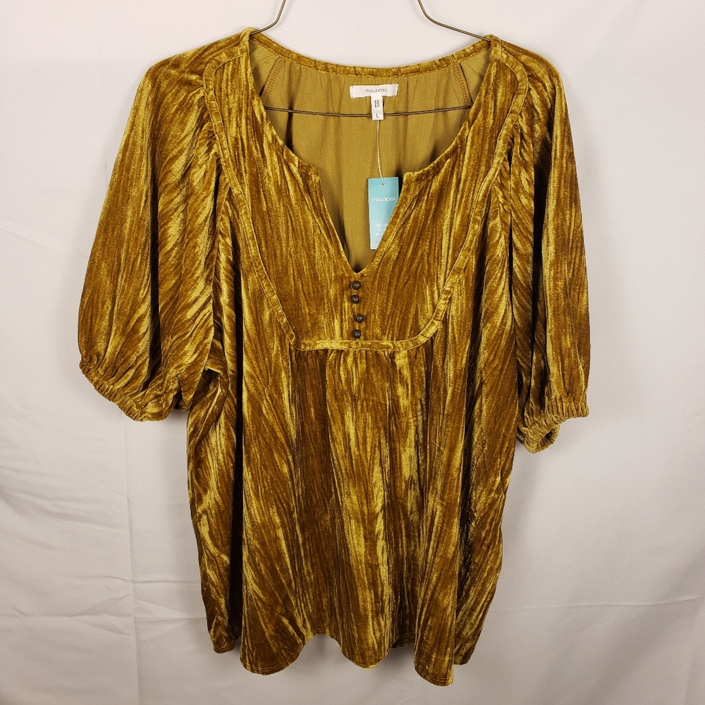 Maurices Women Gold Crushed Velvet Puff Sleeve Blouse Top Size L Notch Neck New